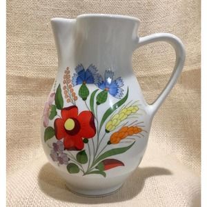 KALOCSA Hungary hand painted mid century modern look white floral pitcher